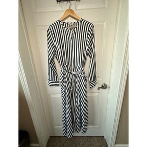 Madewell Women's Size 10 Black White Stripe Tie Waist Midi Shirt Dress